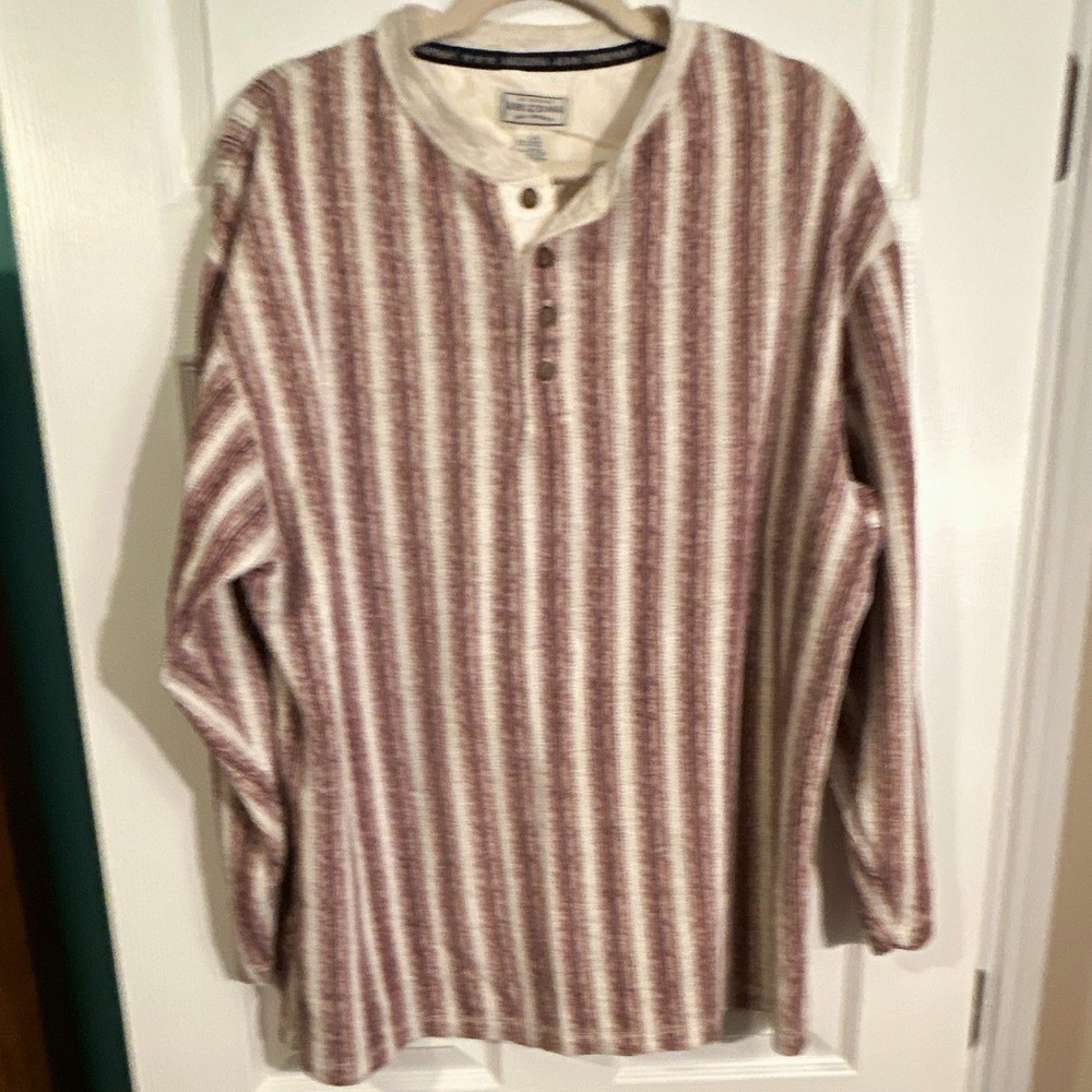 Arizona Men's large burgundy cream Striped Long Sleeve Henley Cotton Knit Shirt